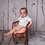 toddler, child, wicker_chair, wooden_floor, wooden_wall, shorts, white_shirt, indoor, portrait, sitting, barefoot, baby, cute, serious_expression, furniture, person, photography, studio, casual, young_child