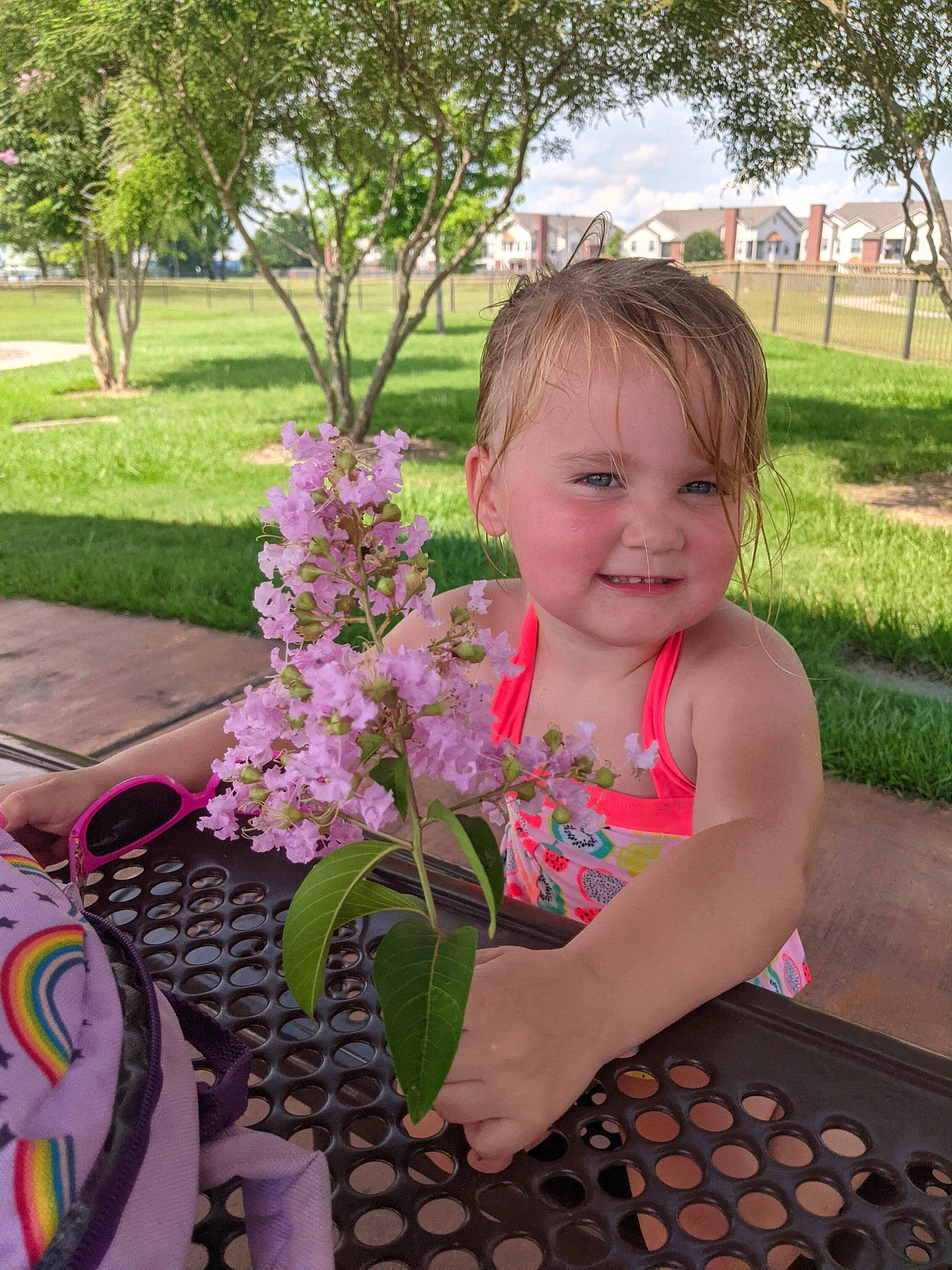 Baylee joined the competition — help win amazing prizes! baby, baby_toddler_clothing, botany, face, flower, flower_arranging, fun, grass, happy, insect, joy, leaf, leisure, magenta, person, petal, pink, plant, smile, summer
