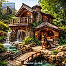 animal, bridge, cottage, dog, garden, german_shepherd, grass, greenery, lake, nature, outdoor, pet, pond, rocks, stone, sunlight, trees, water, waterfall, wooden_house