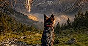 Bounty participe au concours pour gagner de l'argent avec cette photo : animal, clouds, collar, dog, forest, grass, landscape, mountain, nature, outdoor, peaceful, rock, scenic, sky, stream, sunlight, sunset, trees, valley, waterfall
