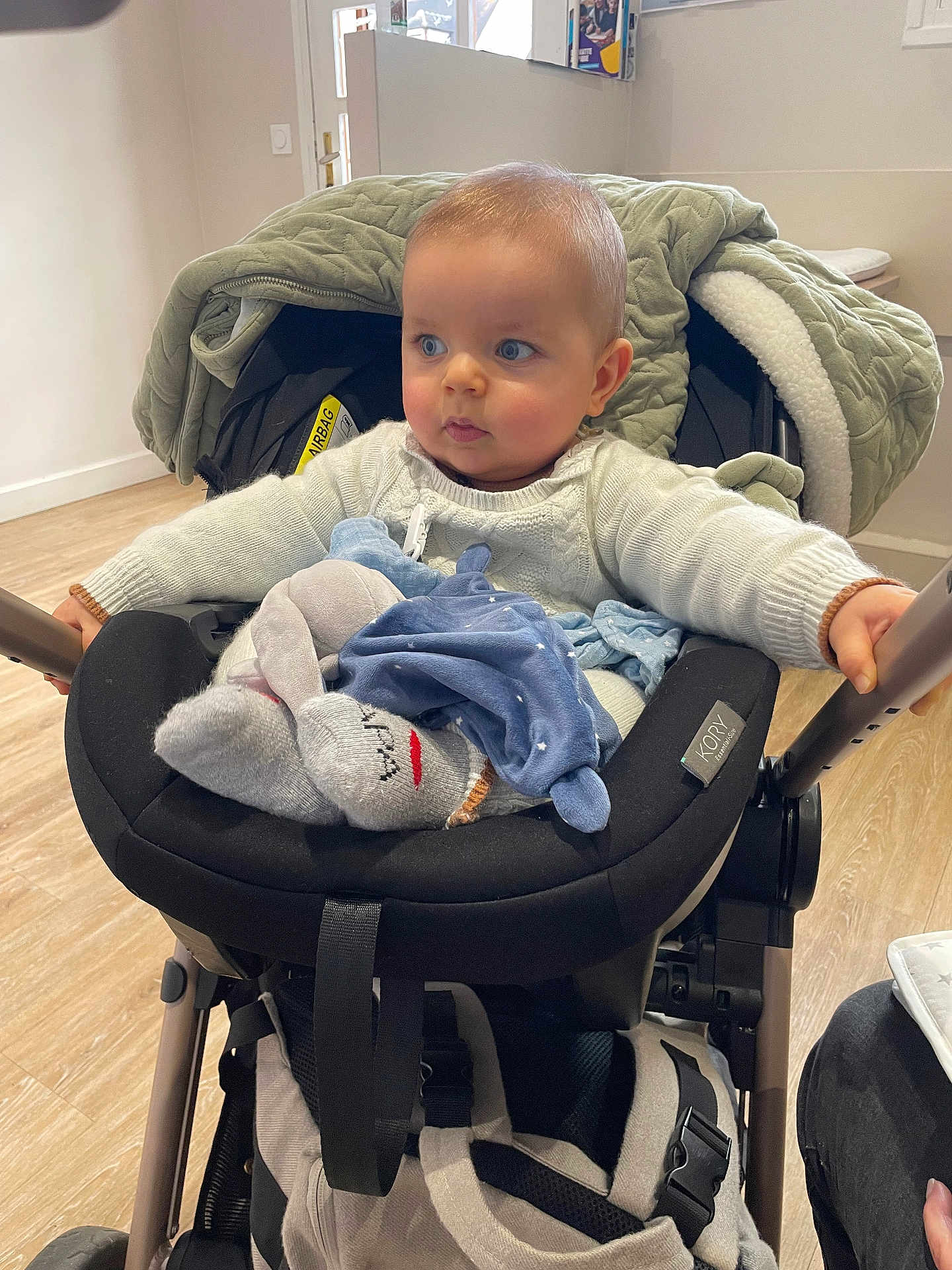 Mylann participe au concours pour gagner de l'argent avec cette photo : baby, child, stroller, indoor, sweater, toy, blue_eyes, cozy, person, infant, seat, blanket, wooden_floor, cute, clothing, hand, expression, comfort, soft_toy, casual