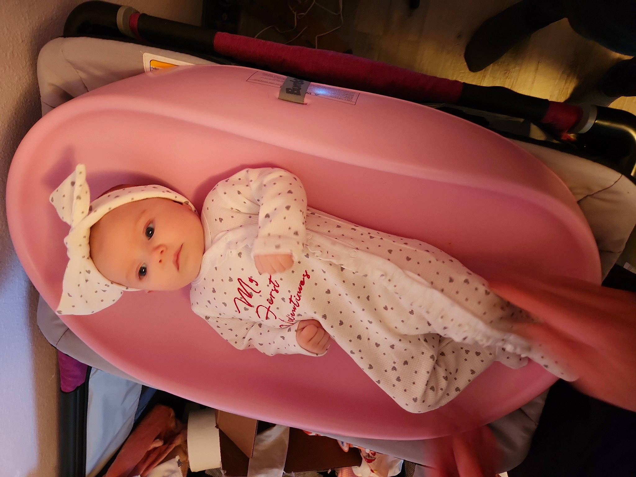 Izabella is registered to the contest to win money with this photo: baby, baby_products, baby_toddler_clothing, bridal_accessory, child, comfort, doll, dress, embellishment, event, fashion_accessory, hair_accessory, headpiece, headwear, infant_bed, linens, peach, person, pink, skin