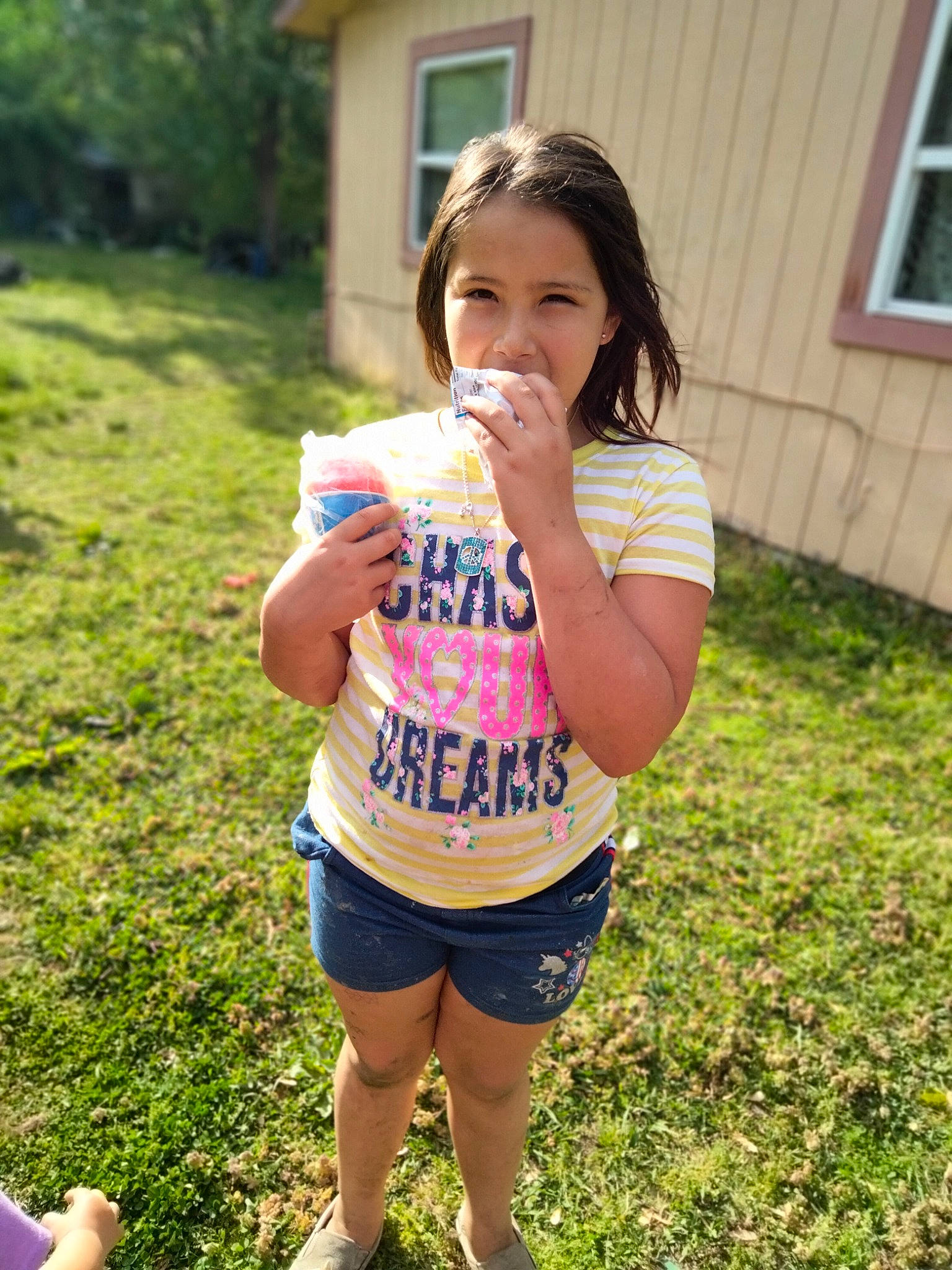 Liara joined the competition — help win amazing prizes! blond, child, drink, food, fruit, fun, grass, grassland, hand, happy, human_leg, leisure, people_in_nature, person, plant, recreation, shorts, thigh, toddler, waist