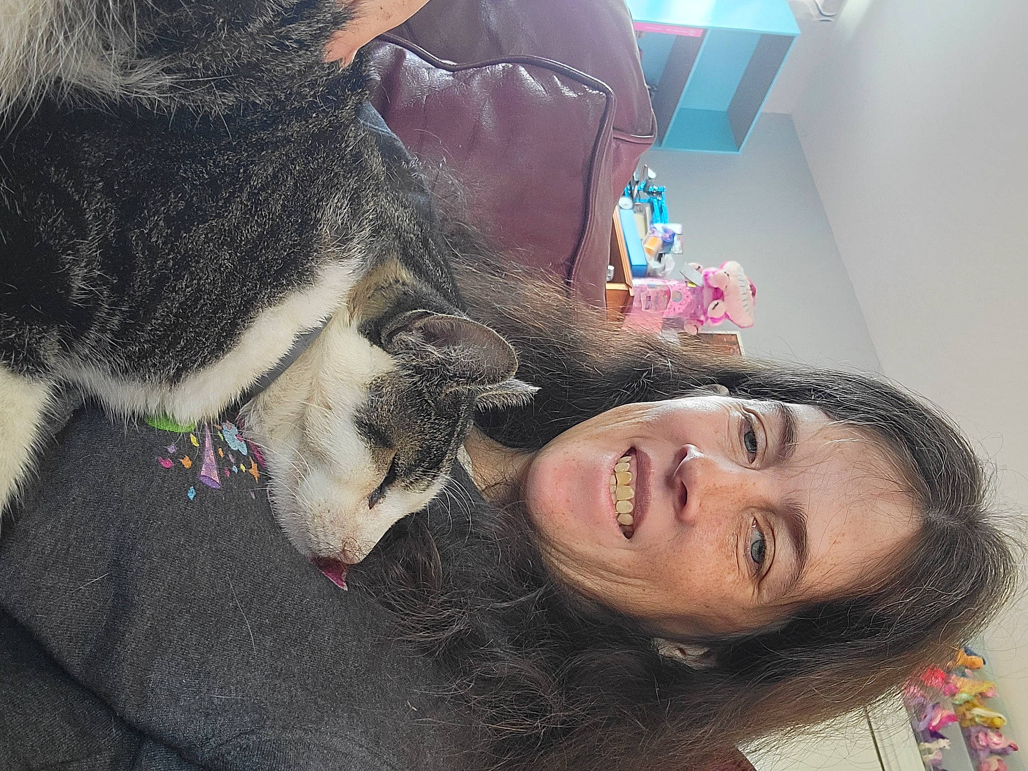 Snowflake is registered to the contest to win money with this photo: black_hair, child, companion_dog, domestic_short_haired_cat, eyelash, felidae, fun, fur, hair_coloring, happy, jaw, mouth, nose, selfie, small_to_medium_sized_cats, smile, sporting_group, vertebrate, whiskers