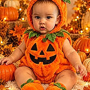 Aryes is registered to the contest to win money with this photo: baby, child, pumpkin_costume, halloween, autumn, fall, portrait, sitting, infant, face, smiling, indoor, seasonal_decorations, jack_o_lantern, orange, leaves, fairy_lights, plush_costume, festive, photography