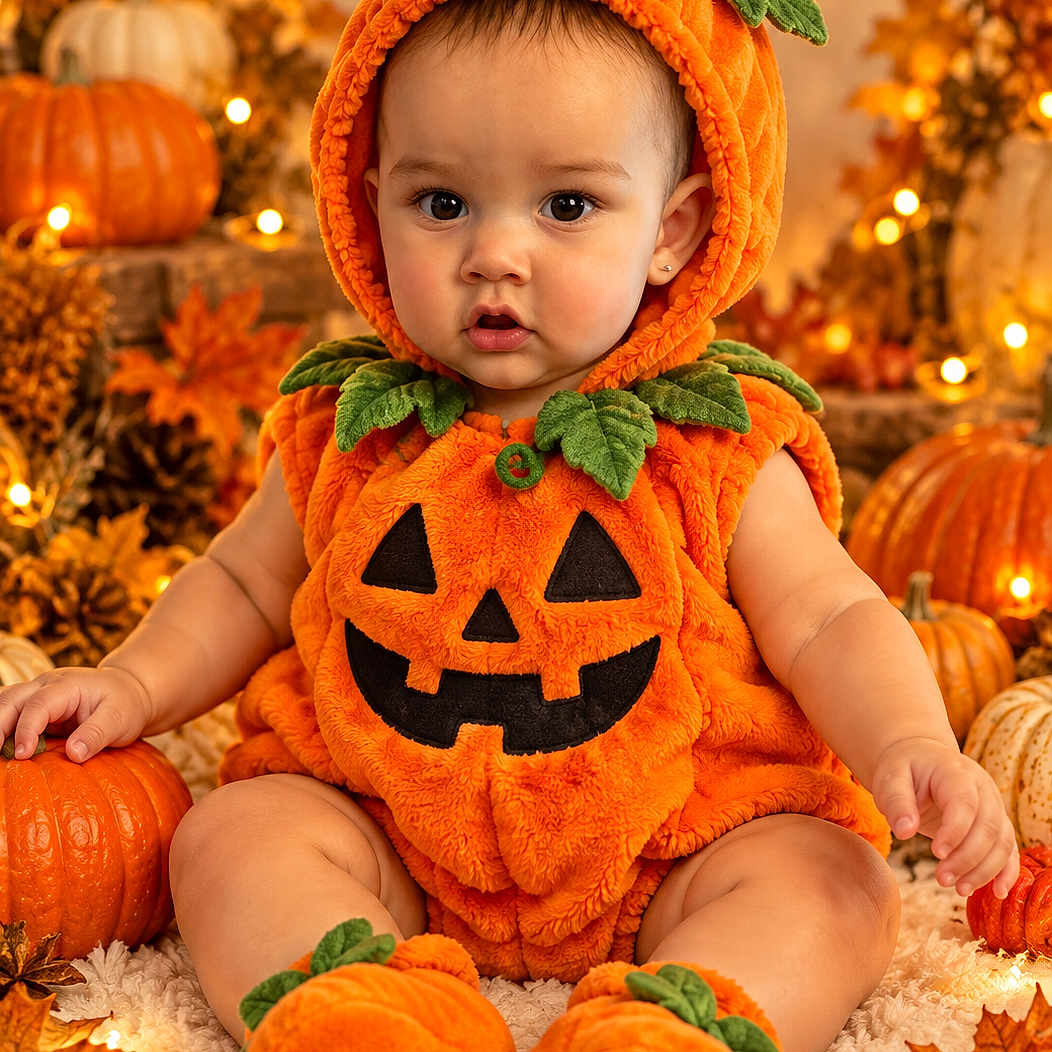 Aryes is registered to the contest to win money with this photo: baby, child, pumpkin_costume, halloween, autumn, fall, portrait, sitting, infant, face, smiling, indoor, seasonal_decorations, jack_o_lantern, orange, leaves, fairy_lights, plush_costume, festive, photography