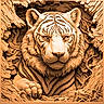 wooden_sculpture, tiger, carving, artwork, animal, claw, fur, eyes, wood_texture, roots, branches, detailed, ornate, brown_tone, nature_inspired, artistic, wildlife, face, close_up, handcrafted
