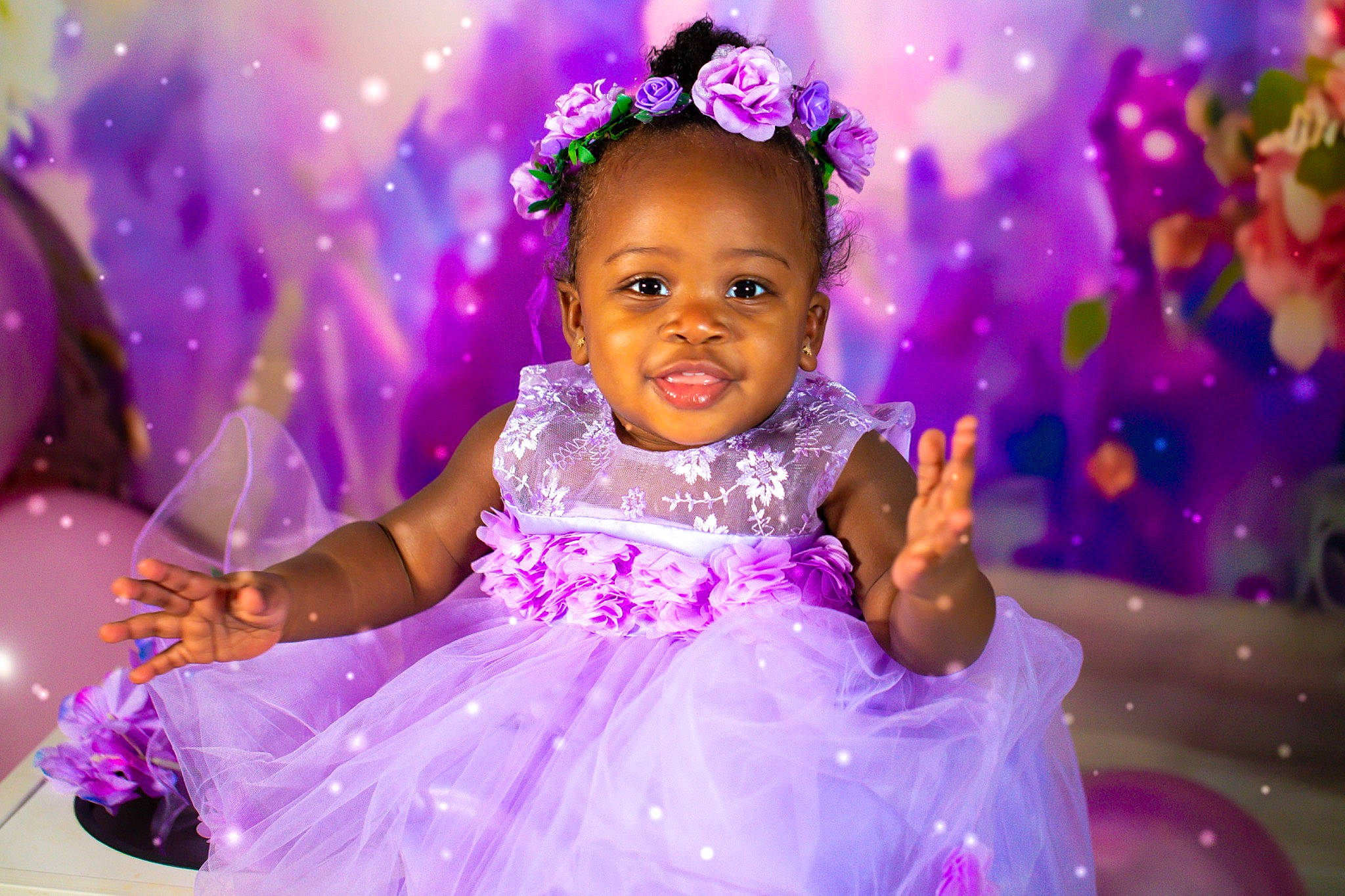 Ivy joined the competition — help win amazing prizes! baby_toddler_clothing, dress, event, facial_expression, flash_photography, fun, happy, headpiece, leisure, lighting, magenta, people_in_nature, person, petal, photograph, pink, purple, skin, smile, toddler