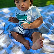 Dominic is registered to the contest to win money with this photo: child, toddler, baby, sitting, blanket, outdoor, grass, shorts, shirt, foot, face, expression, sunlight, shadow, cute, curious, nature, daylight, skin, portrait