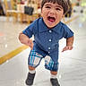 Dominic joined the competition — help win amazing prizes! child, boy, toddler, smiling, laughing, portrait, standing, running, indoors, shopping_mall, restaurant, blue_shirt, plaid_shorts, sneakers, short_hair, open_mouth, happy, glossy_floor, blurred_background, full_body