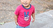 Dominic joined the competition — help win amazing prizes! child, boy, toddler, portrait, smiling, standing, outdoor, courtyard, pavement, pink_shirt, peace_sign, shorts, sneakers, socks, dark_hair, brown_hair, face, full_body, daylight, plants