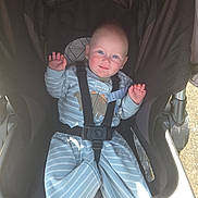 Xander joined the competition — help win amazing prizes! baby, baby_clothes, baby_seat, babywear, blue_eyes, child, clothing, cute, happy, infant, infant_care, outdoor, pajamas, person, portrait, seatbelt, smiling, stroller, sunlight, waving