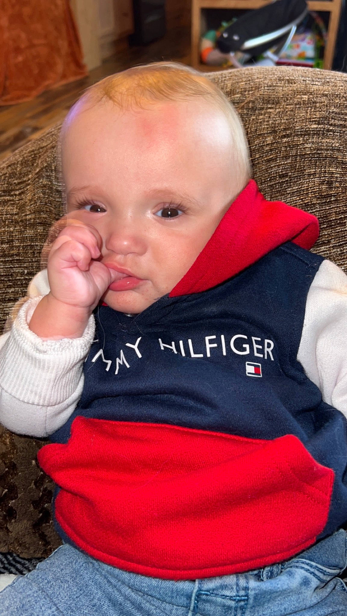 Jayden joined the competition — help win amazing prizes! baby, baby_products, baby_toddler_clothing, cheek, child, finger, fun, gesture, happy, mouth, nail, nose, person, sitting, skin, sleeve, thumb, toddler, vacation