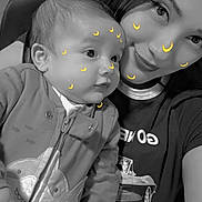 Iliam Morikone is registered to the contest to win money with this photo: baby, woman, face, smile, black_and_white, selfie, clothing, seat, car_seat, cute, portrait, child, person, moon_stickers, eyes, hair, head, jacket, tshirt, indoor