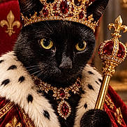 Minette participe au concours pour gagner de l'argent avec cette photo : cat, black_cat, royal, crown, tiara, scepter, cape, ermine, jewelry, ruby, gemstones, portrait, close_up, indoors, ornate, regal, feline, ceremonial, luxury, costume