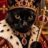 cat, black_cat, royal, crown, tiara, scepter, cape, ermine, jewelry, ruby, gemstones, portrait, close_up, indoors, ornate, regal, feline, ceremonial, luxury, costume