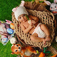 Shrinkhala is registered to the contest to win money with this photo: baby, infant, knitted_hat, bunny_ears, plush_carrot, stuffed_animals, easter_eggs, blanket, green_grass, decorations, cute, smiling, diaper, nest, wood, pumpkins, playful, indoors, portrait, holiday_theme