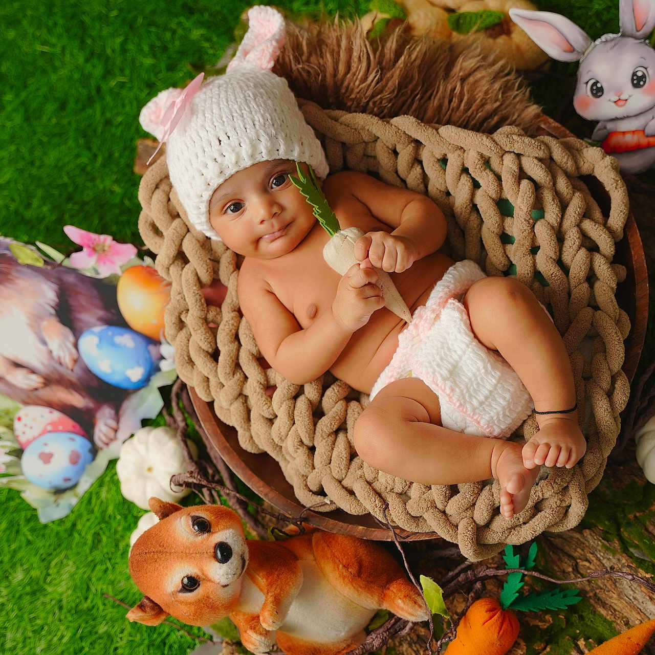 Shrinkhala is registered to the contest to win money with this photo: baby, blanket, bunny_ears, cute, decorations, diaper, easter_eggs, green_grass, holiday_theme, indoors, infant, knitted_hat, nest, playful, plush_carrot, portrait, pumpkins, smiling, stuffed_animals, wood