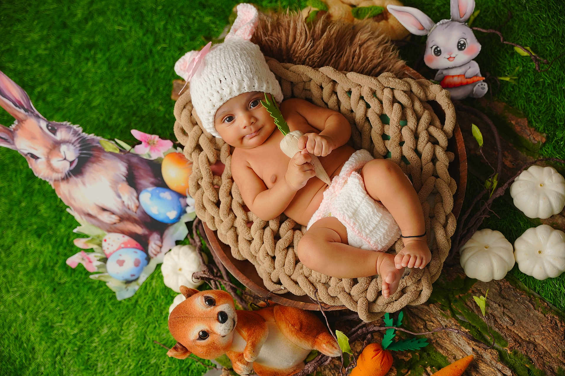 Shrinkhala is registered to the contest to win money with this photo: baby, infant, knitted_hat, bunny_ears, plush_carrot, stuffed_animals, easter_eggs, blanket, green_grass, decorations, cute, smiling, diaper, nest, wood, pumpkins, playful, indoors, portrait, holiday_theme