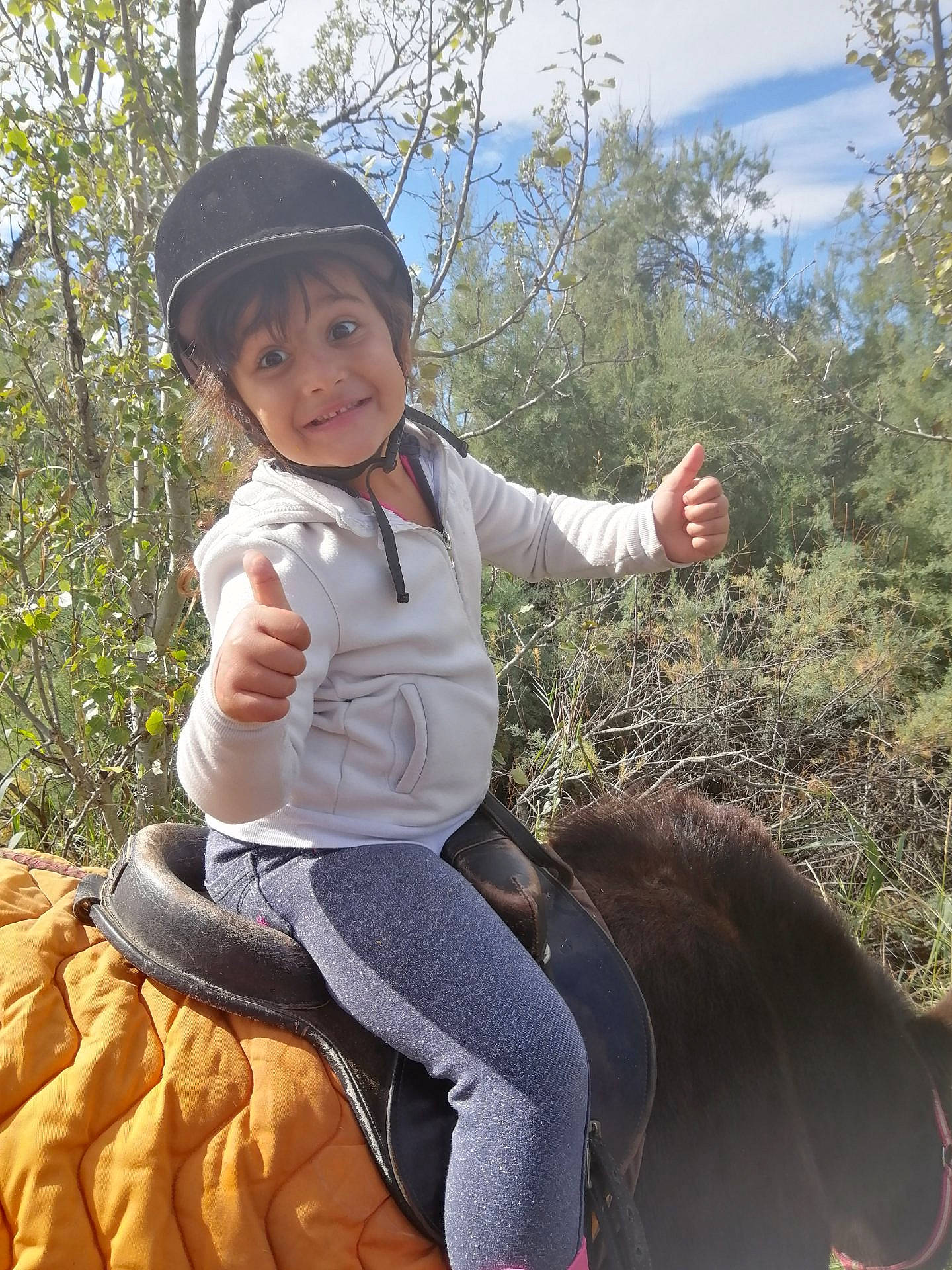 Alycia participe au concours pour gagner de l'argent avec cette photo : adventure, equestrianism, fun, grass, happy, hat, headwear, joy, landscape, leisure, organism, people_in_nature, person, plant, recreation, sitting, sky, smile, soil, sun_hat