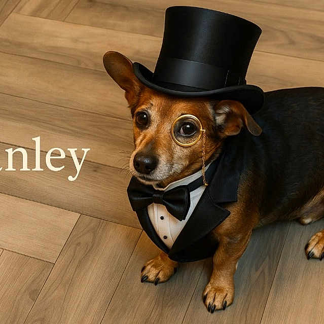 Stanley joined the competition — help win amazing prizes! dog, small_dog, dachshund, top_hat, monocle, tuxedo, bow_tie, costume, dressed_up, portrait, indoor, wooden_floor, brown, black, sitting, standing, pet, funny, formal, name_text