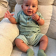 Aziel is registered to the contest to win money with this photo: baby, child, clothing, couch, cozy, cute, furniture, hand, happy, head, indoor, infant, legs, person, portrait, sitting, skin, smiling, socks, young