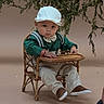 baby, beige_background, bow_tie, brown_shoes, child, curious_expression, cute, decor, green_shirt, hat, indoor, infant, plants, portrait, sitting, small_chair, studio_photo, suspenders, wicker_chair, young_child