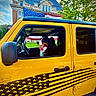 Kya is registered to the contest to win money with this photo: dog, vehicle, yellow_car, american_flag, building, tree, sky, clouds, window, door, patriotic, outdoor, animal, pet, tongue_out, parked_car, side_view, daytime, nature, transportation