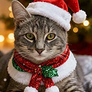 Misty a rejoint le concours — aidez-le/la à gagner de superbes lots ! animal, blanket, bokeh, cat, christmas_hat, collar, cozy, cute, feline, festive, green, holiday, indoor, lights, pet, red, santa_hat, snowflake, sparkly, tabby