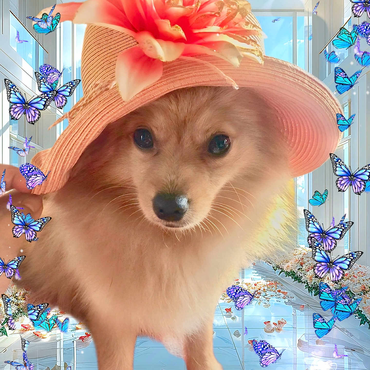 Nabi joined the competition — help win amazing prizes! adorable, animal, bright, butterflies, closeup, colorful, cute, decorative, digital_effects, dog, flower, fluffy, furry, hat, indoor, modern, pet, pink, portrait, whimsical