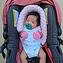 baby, baby_gear, car_seat, child, clothing, cute, head_support, infant, mittens, newborn, outdoor, pacifier, person, phone, pink, portrait, resting, seatbelt, socks, stroller