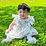 Anna is registered to the contest to win money with this photo: baby, child, girl, grass, outdoor, dress, headband, black_bow, white_shoes, cute, sitting, greenery, sunlight, portrait, young_child, nature, floral_pattern, innocent, daytime, playful