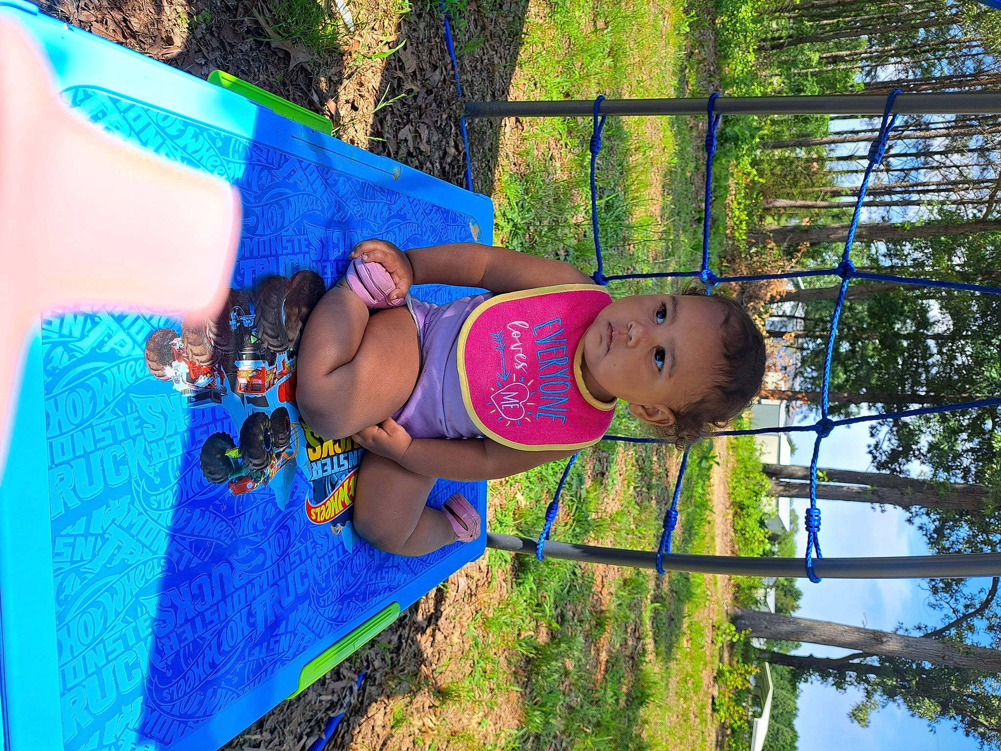 Xara joined the competition — help win amazing prizes! abdomen, blue, child, electric_blue, fun, grass, happy, human_leg, leisure, people_in_nature, person, plant, recreation, sky, smile, swimwear, thigh, toddler, tree, trunk