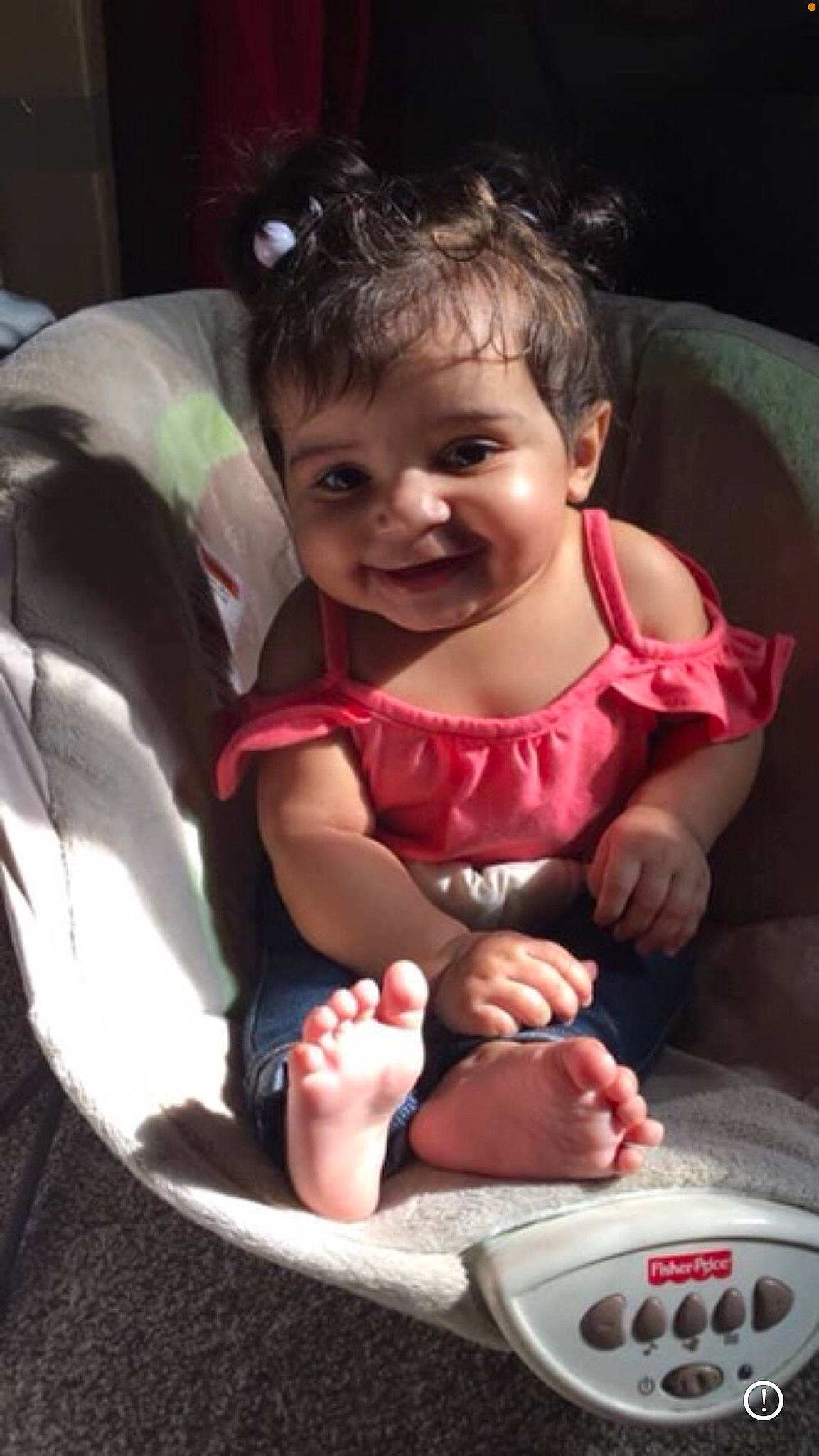 Amiya is registered to the contest to win money with this photo: baby, baby_toddler_clothing, cheek, comfort, eye, finger, foot, fun, gesture, hairstyle, happy, head, joy, lap, lip, mouth, person, pink, skin, smile