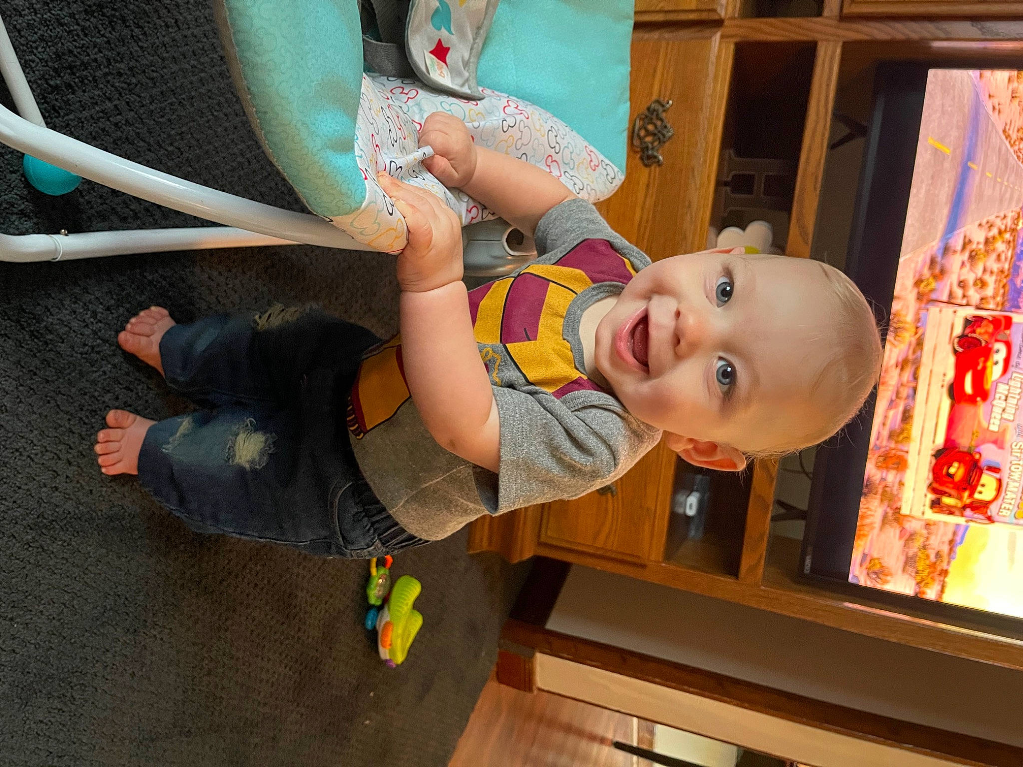 Casey is registered to the contest to win money with this photo: art, baby, child, fun, happy, hat, leisure, person, play, recreation, room, smile, t_shirt, toddler, visual_arts, wood