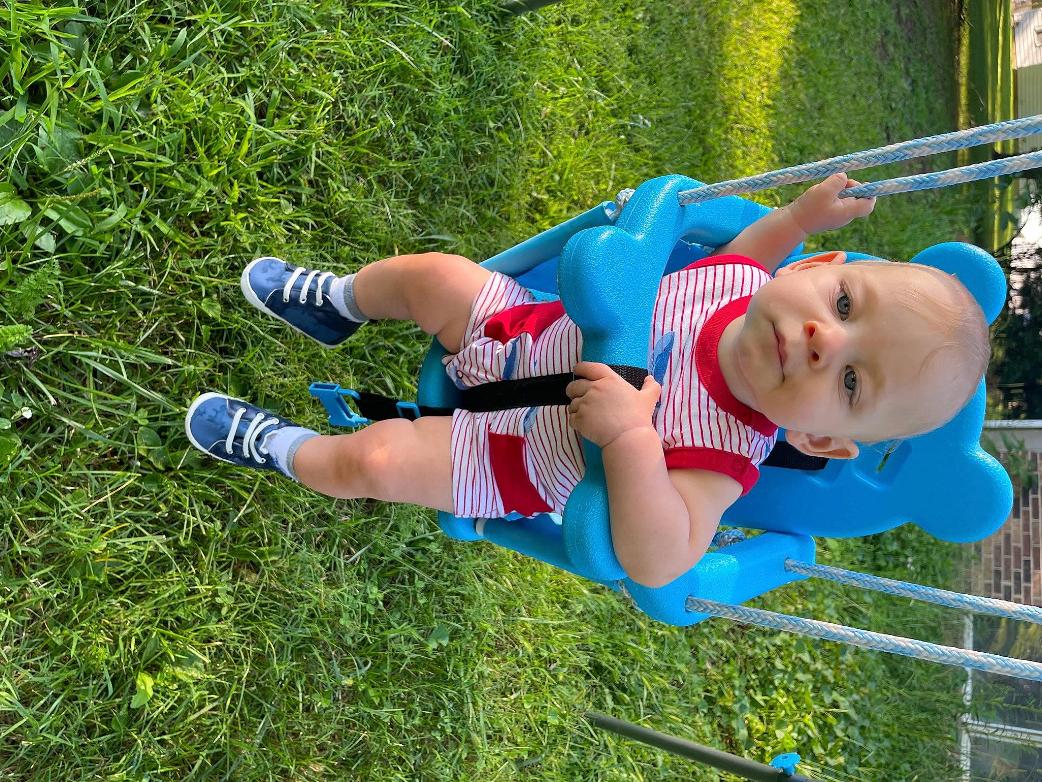 Casey joined the competition — help win amazing prizes! electric_blue, fun, grass, happy, hat, human_leg, knee, leisure, outdoor_play_equipment, people_in_nature, person, plant, recreation, shoe, shorts, smile, sneakers, sock, thigh, toddler