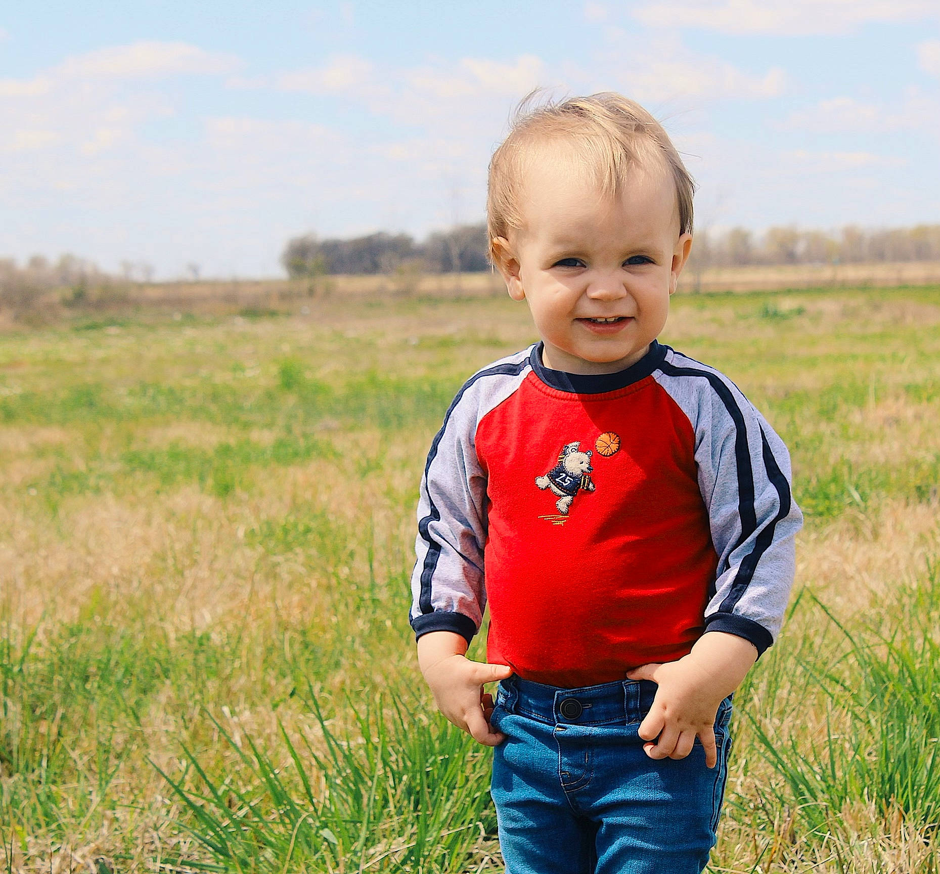 Kohen joined the competition — help win amazing prizes! baby, baby_toddler_clothing, cloud, eye, flash_photography, gesture, grass, grassland, happy, jeans, landscape, natural_landscape, people_in_nature, person, plant, skin, sky, sleeve, smile, t_shirt