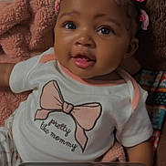 Armani Grace is registered to the contest to win money with this photo: baby, infant, child, cute, smiling, hair_ties, blanket, shirt, text, face, eyes, screenshot, mobile_phone_interface, gallery, playback_controls, portrait, indoors, soft_texture, happy, person