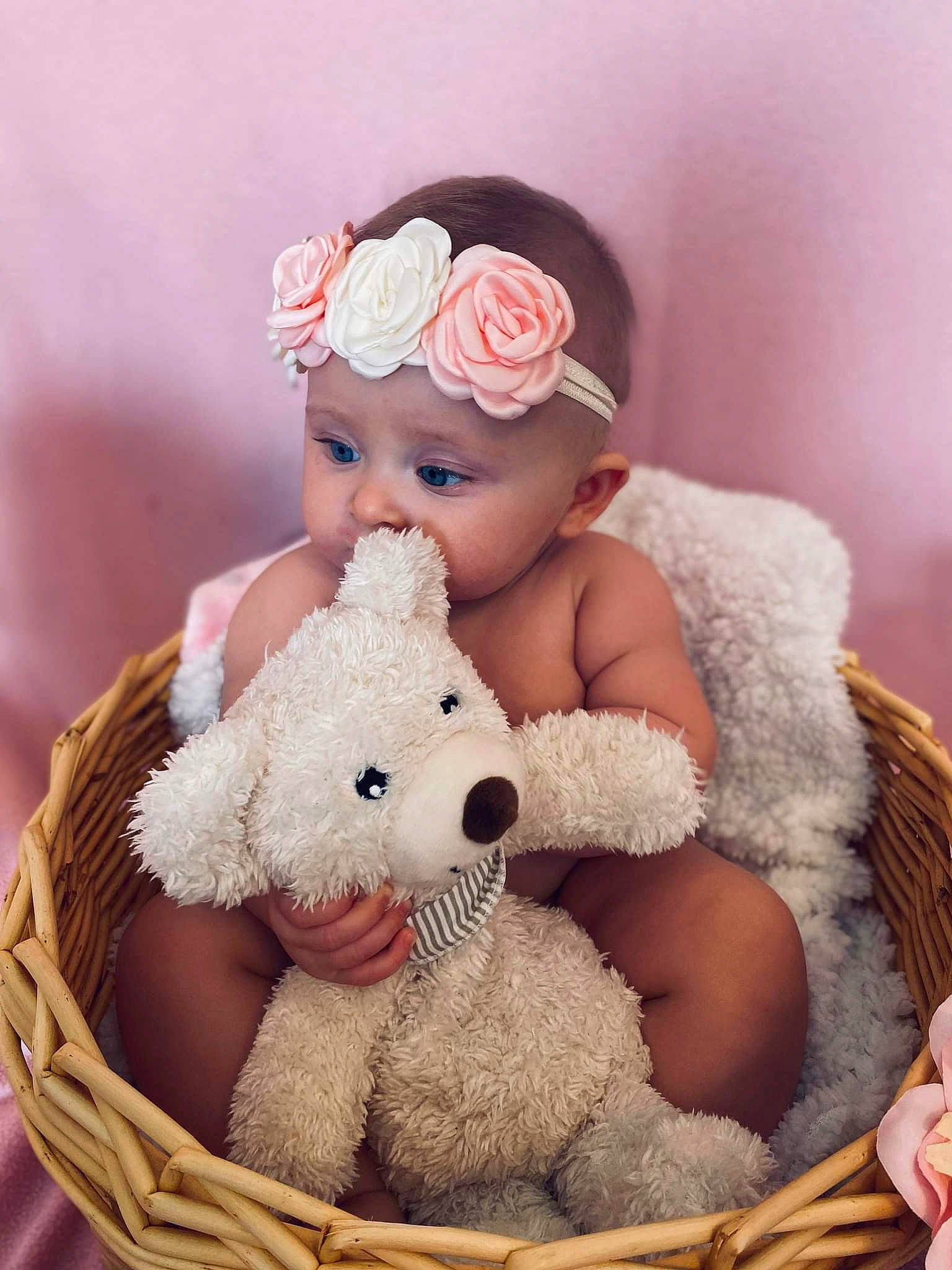 Mia participe au concours pour gagner de l'argent avec cette photo : baby, baby_toddler_clothing, basket, beauty, comfort, dress, fashion_accessory, fawn, flower, fur, happy, headband, headpiece, headwear, person, petal, pink, stuffed_toy, teddy_bear, toddler