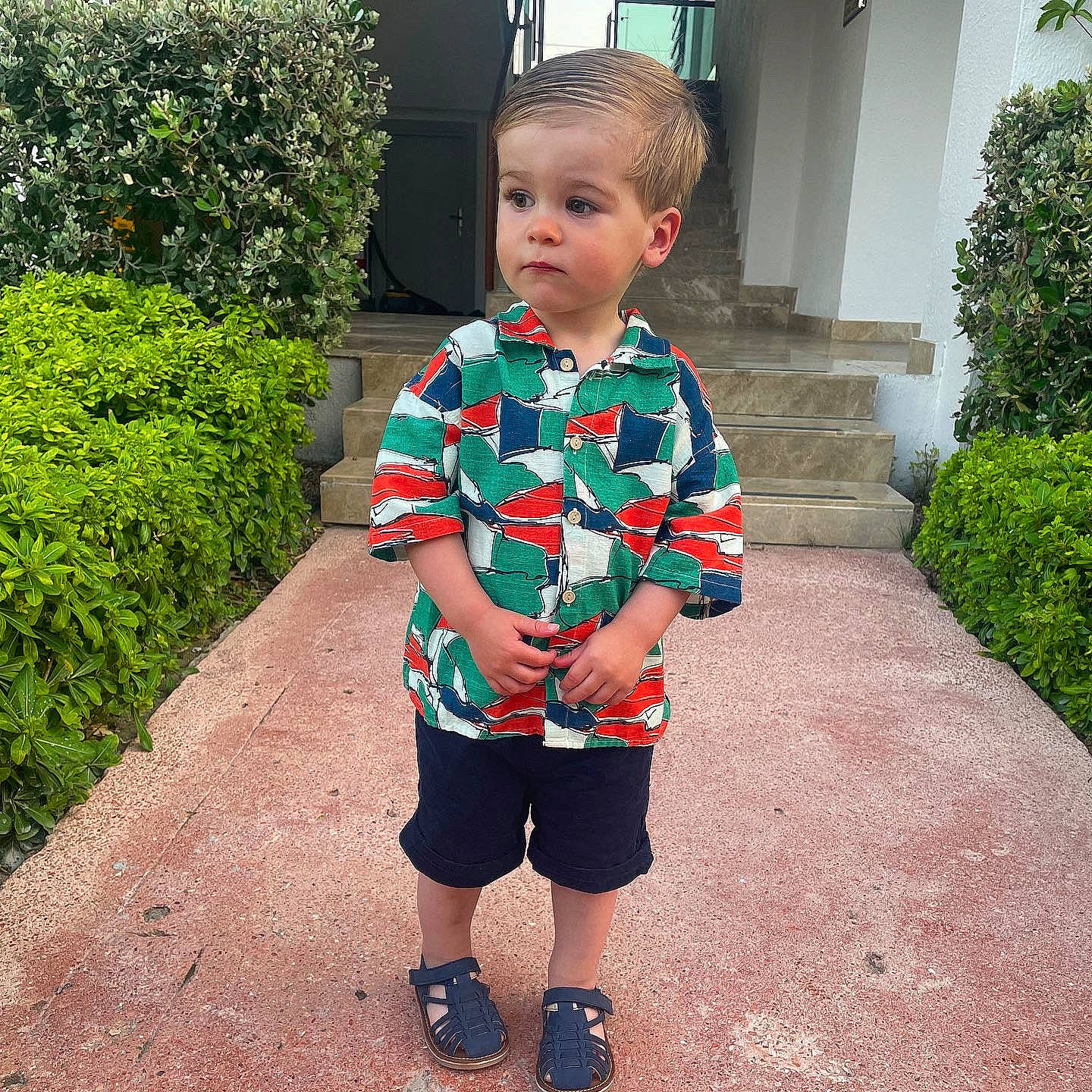Alfie joined the competition — help win amazing prizes! baby_toddler_clothing, face, footwear, grass, happy, head, human_body, leaf, leisure, neck, outerwear, person, plant, public_space, shorts, sleeve, standing, street_fashion, t_shirt, toddler