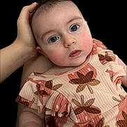Genevieve is registered to the contest to win money with this photo: baby, infant, face, hand, portrait, cute, child, clothing, pattern, flower, skin, rosy_cheeks, eyes, close_up, soft_lighting, expression, young, person, head, background