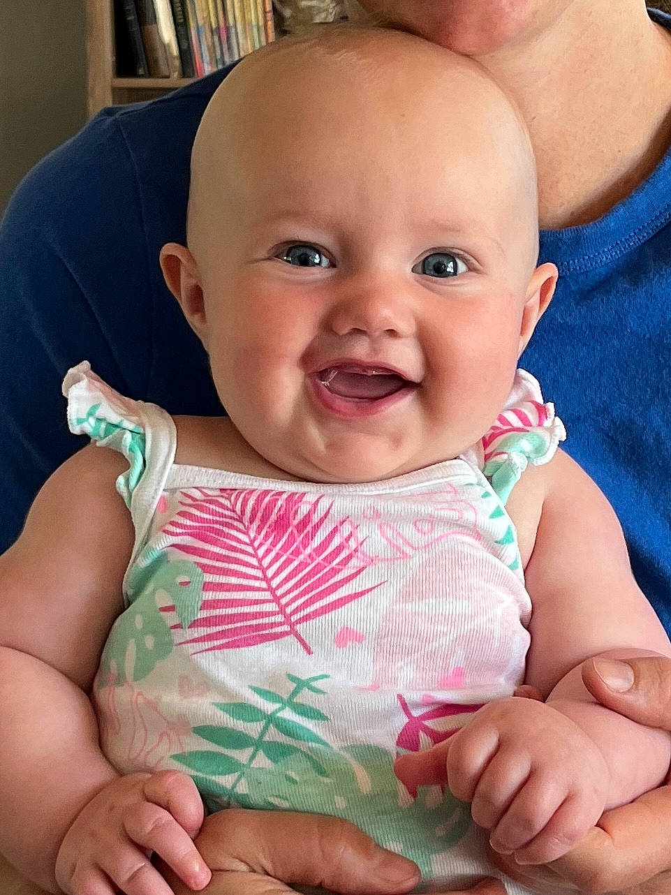 Hazel is registered to the contest to win money with this photo: adult, baby, blue_shirt, bookshelf, child, clothing, cute, face, furniture, hands, happy, holding, indoor, infant, pattern, person, portrait, skin, smile, toddler