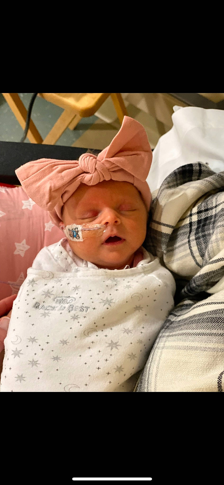 Arabella joined the competition — help win amazing prizes! baby, baby_sleeping, baby_toddler_clothing, cheek, child, comfort, event, happy, headwear, linens, pattern, peach, person, plaid, room, sleeve, tartan, toddler