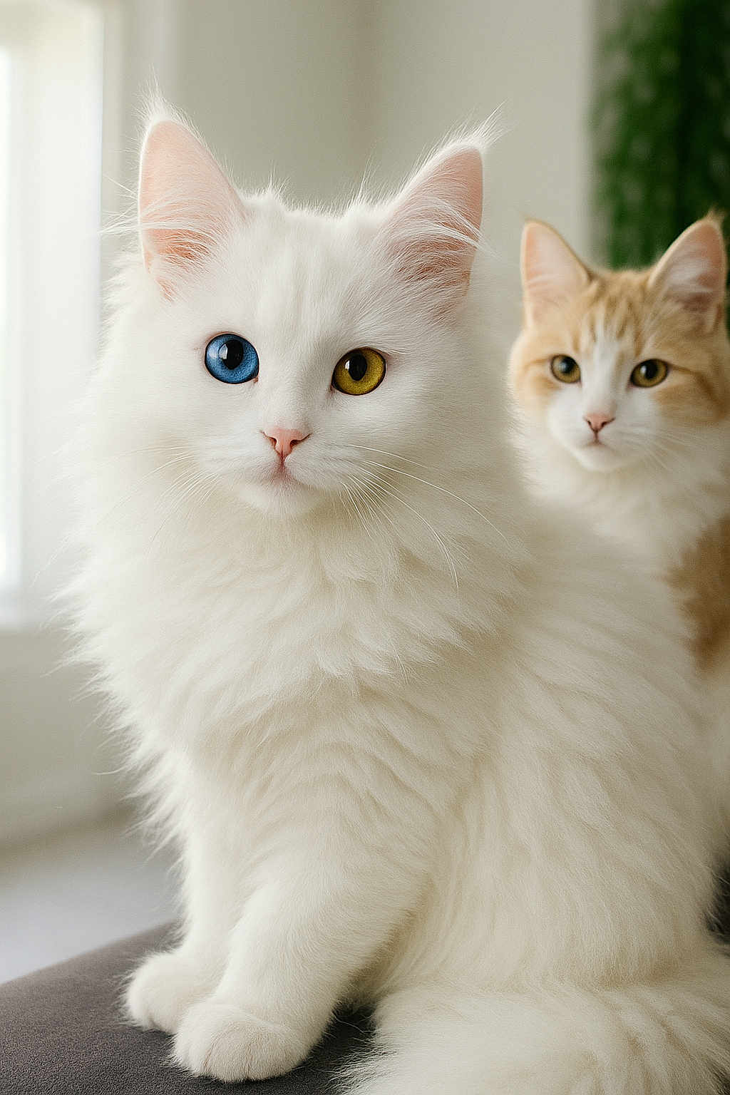 Minoucha a rejoint le concours — aidez-le/la à gagner de superbes lots ! cat, fluffy, white_cat, orange_cat, heterochromia, blue_eye, yellow_eye, indoor, pet, animal, feline, portrait, cute, soft_light, closeup, fur, sitting, window_light, domestic_cat, two_cats