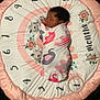 baby, infant, swaddle, sleeping, blanket, milestone, months, elephant_pattern, pink, white, floral, circle, soft, cute, child, newborn, portrait, lying_down, peaceful, cozy