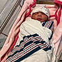 newborn, baby, hospital, blanket, bassinet, hat, sleeping, pink, congratulations_card, cozy, wrapped, infant, cute, resting, soft, striped_blanket, medical, bed, child, person