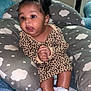 Amira is registered to the contest to win money with this photo: baby, infant, child, pigtails, leopard_print, cushion, cloud_pattern, socks, indoor, furniture, blanket, seatbelt, curious, cute, clothing, person, portrait, soft_texture, hands, expression