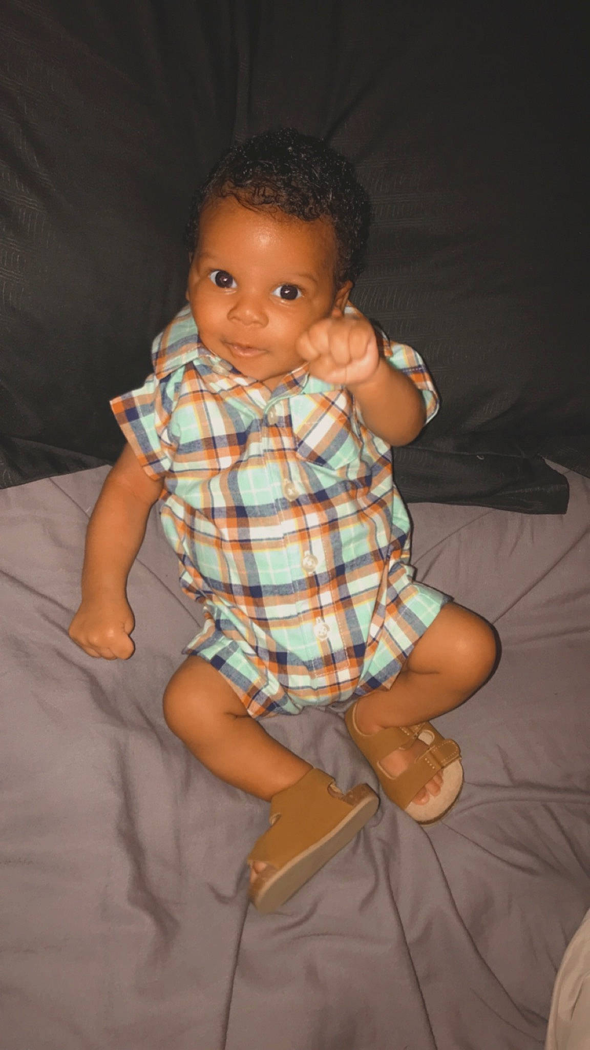 Damir joined the competition — help win amazing prizes! arm, baby, cheek, child, design, fun, leg, pattern, person, plaid, sitting, skin, standing, toddler