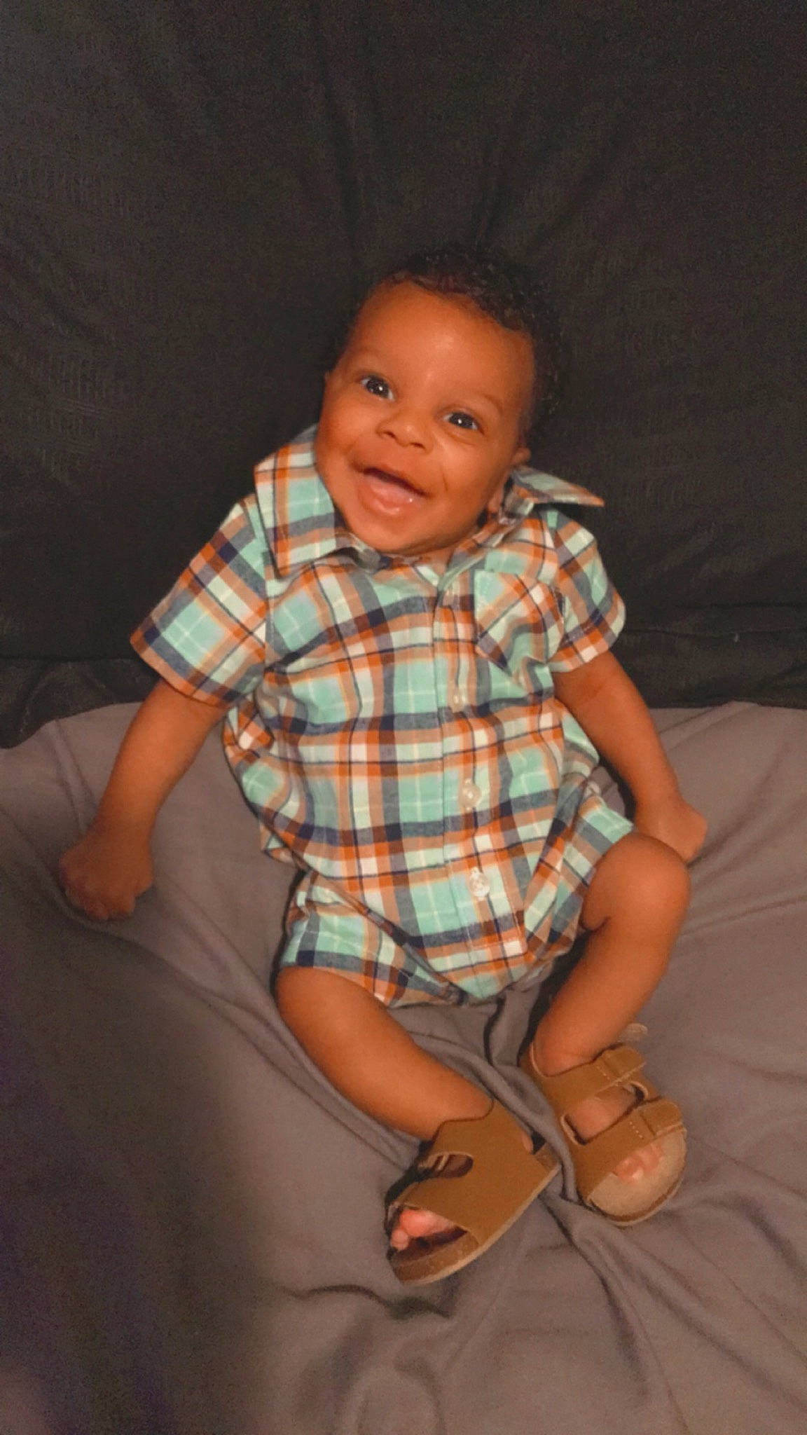 Damir joined the competition — help win amazing prizes! arm, baby, cheek, child, design, fun, joy, leg, pattern, person, plaid, sitting, skin, smile, toddler