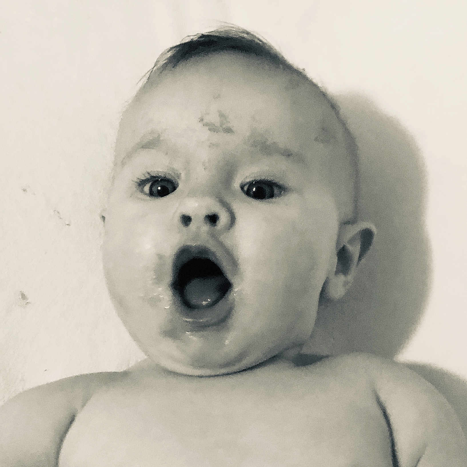 Kaelyn Lowry is registered to the contest to win money with this photo: baby, baby_laughing, baby_making_funny_faces, black_and_white, cheek, child, eye, face, facial_expression, head, jaw, lip, monochrome, mouth, nose, skin, smile, surprised, toddler
